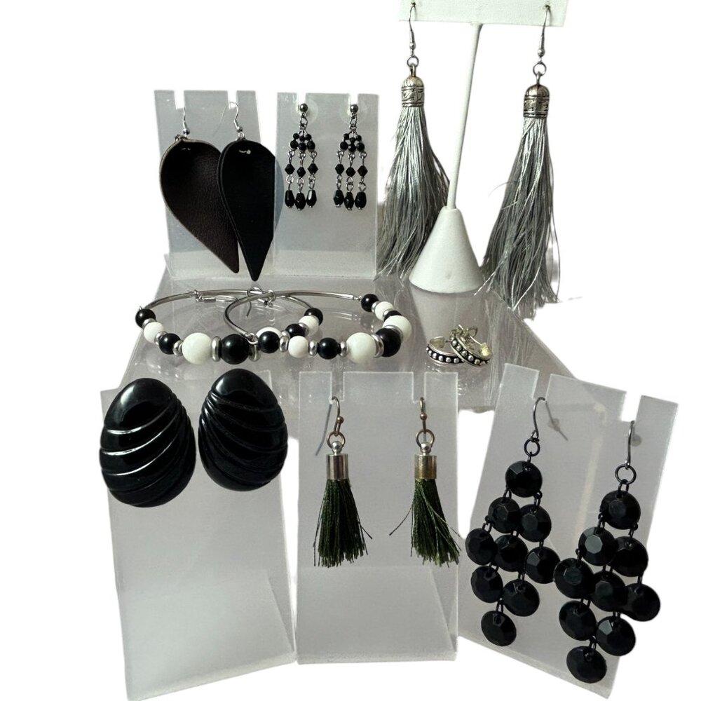 Mixed Lot 8 Dangle Hoop Earrings Beaded Black White Fringe Silver Tone Classic